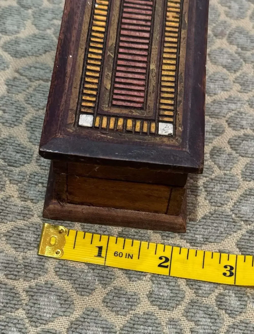 VTG Hand-Inlaid Marquetry Wood Trinket Jewelry Box w/Geometric Mosaic Patterns